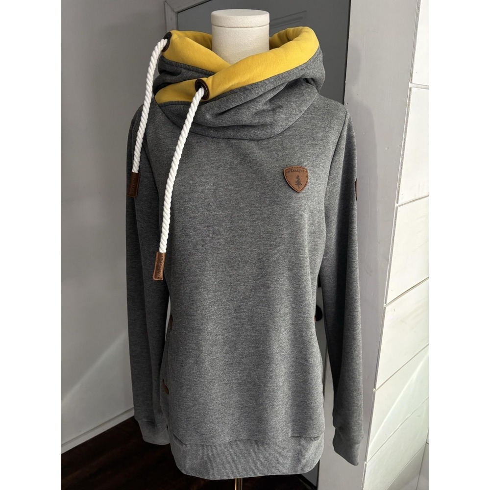 Wanakome Hoodie Womens Medium Gray Yellow Cowl Neck Fleece Pullover Pockets - Picture 2 of 7